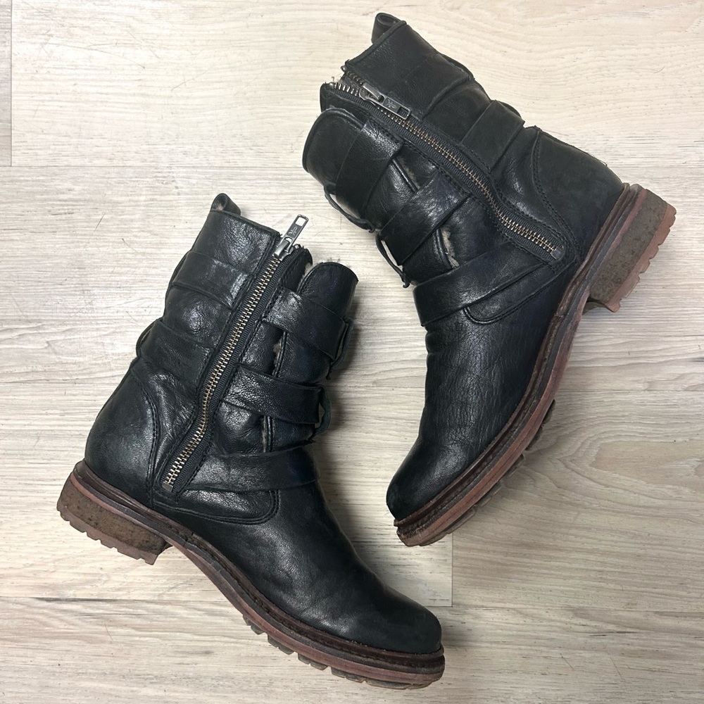 Frye Boots Valerie Women's Strappy Sz 6 Black Leather Shearling Moto Buckle - Picture 3 of 16